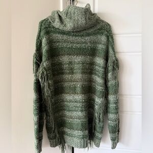 Kensie Boho Green Oversized Fringe Sweater Cozy Relaxed Striped Cabincore